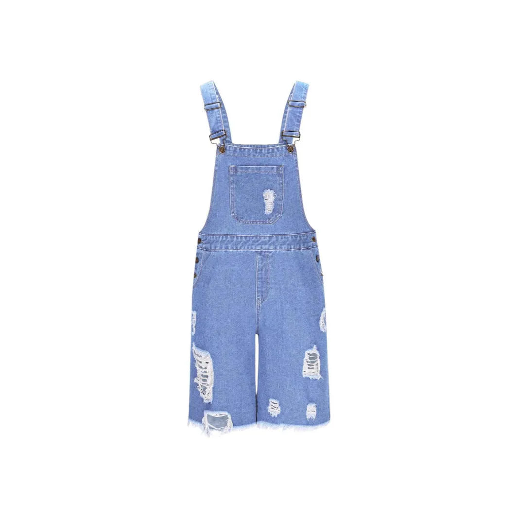 Men's ripped denim shorts with suspenders in straight-leg style, available in three colours