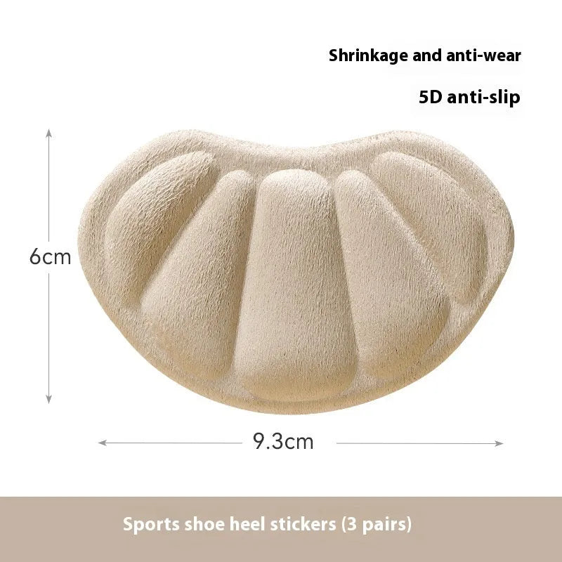 Three pairs of camel suede anti-slip heel cushion pads on a white background.