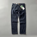 Men's straight leg denim trousers in a primary blue wash, showing front view on a hanger.