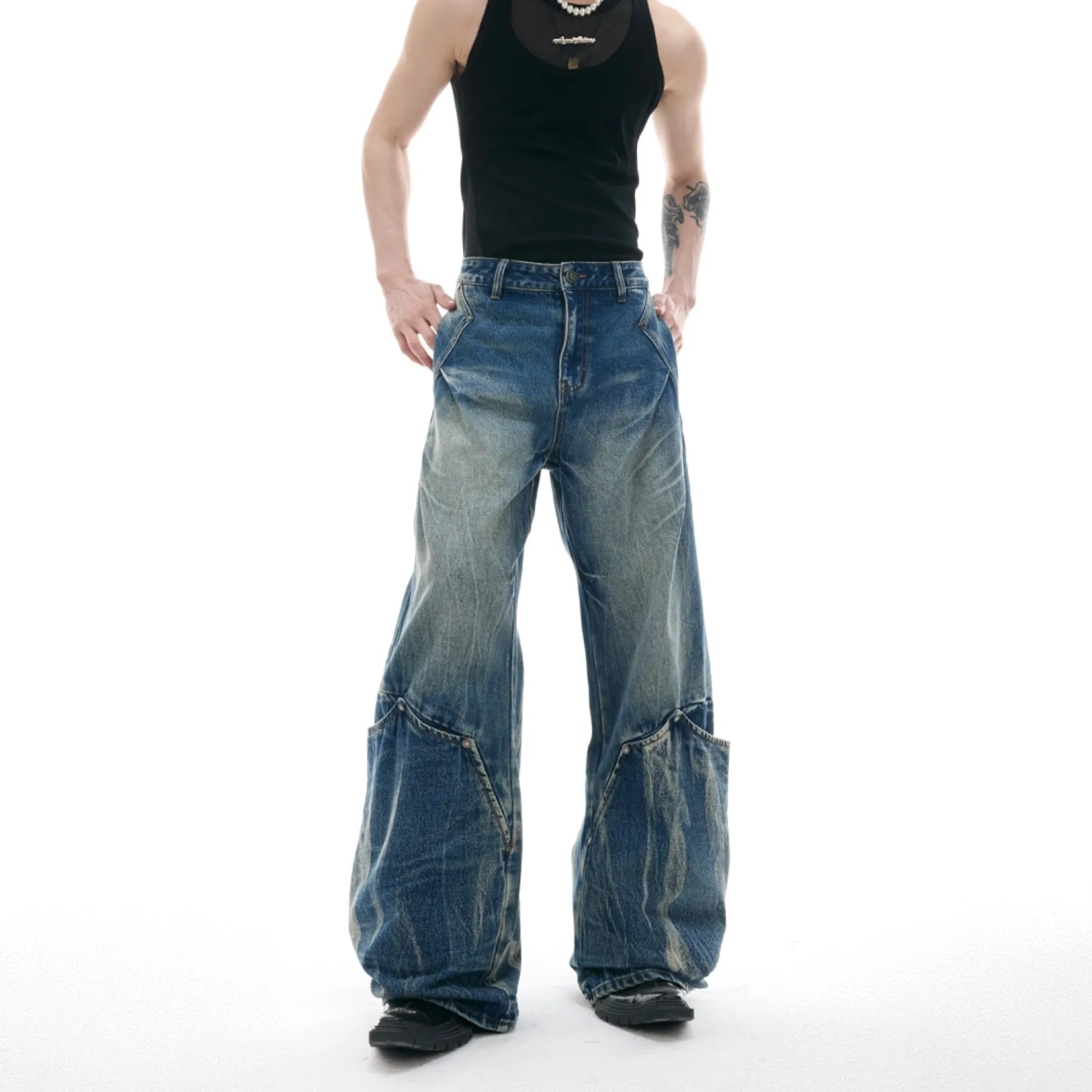 Men's retro washed burst pattern jeans with curved knife details in verdant blue colour