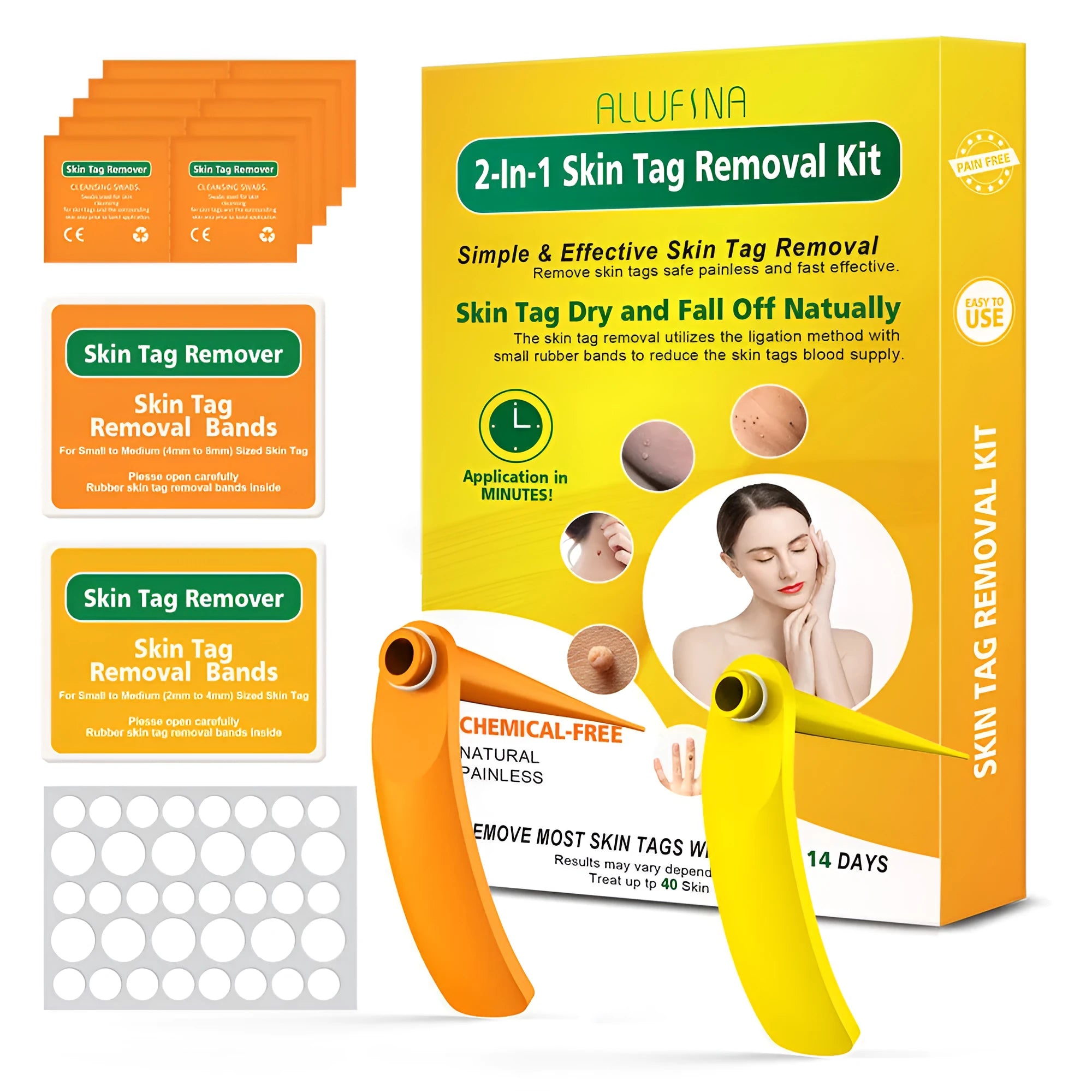 Orange mole removal tool kit with two devices, cones, rubber rings, alcohol swabs and repair sticker