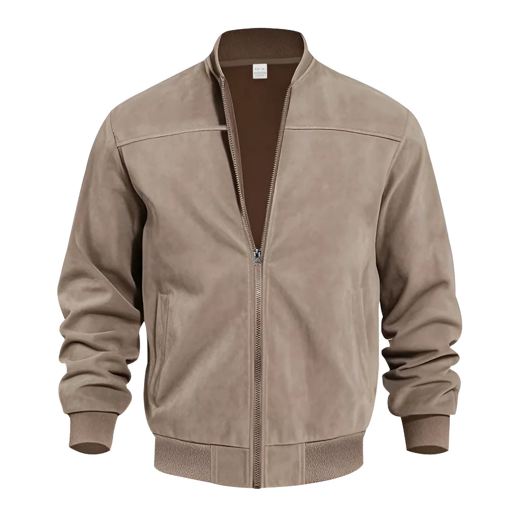 Men's plus size suede zipper jacket in army green with cotton lining, shown in regular fit.