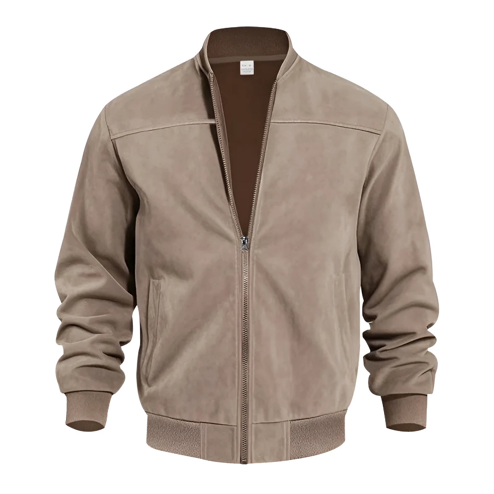 Men's plus size suede zipper jacket in army green with cotton lining, shown in regular fit.