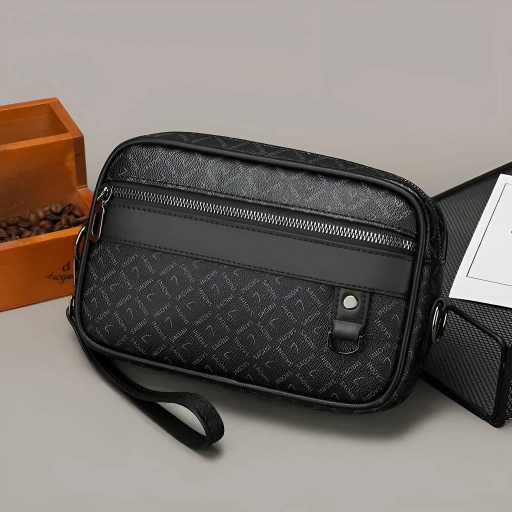 Men's geometric pattern messenger bag with shoulder strap and handheld option in black colour