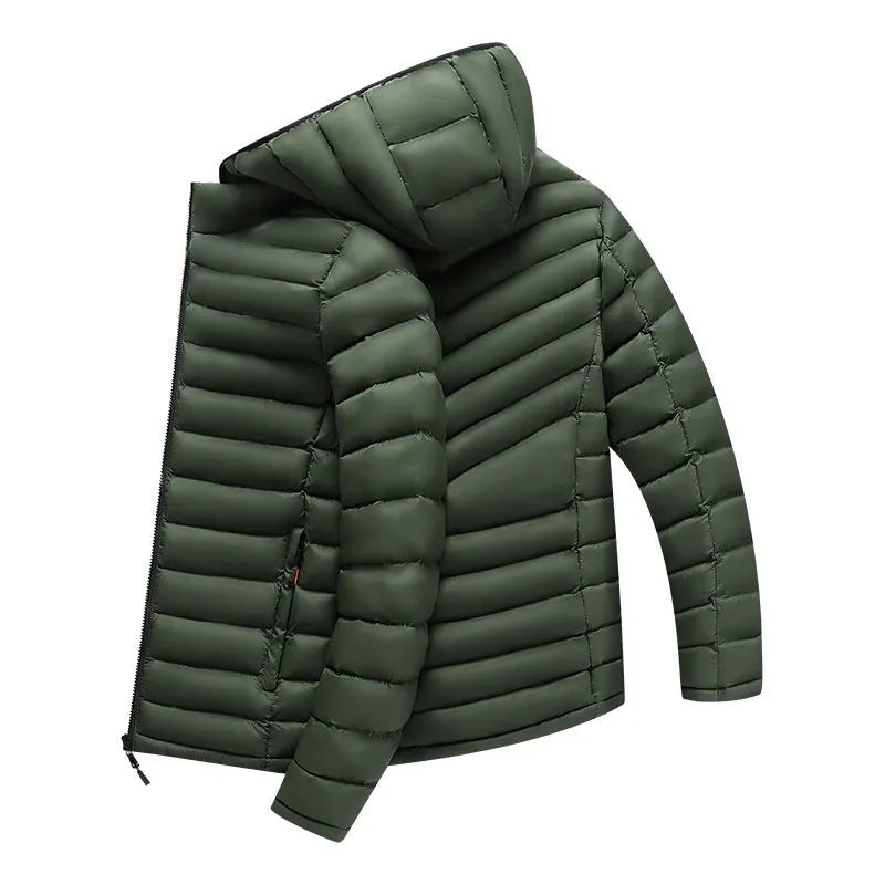 Man wearing a lightweight solid-colour hooded down jacket with a detachable collar and zipper pockets.