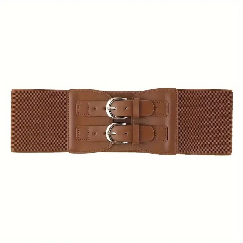 Women's black synthetic leather wide waistband with single loop on a plain background showing elastic construction