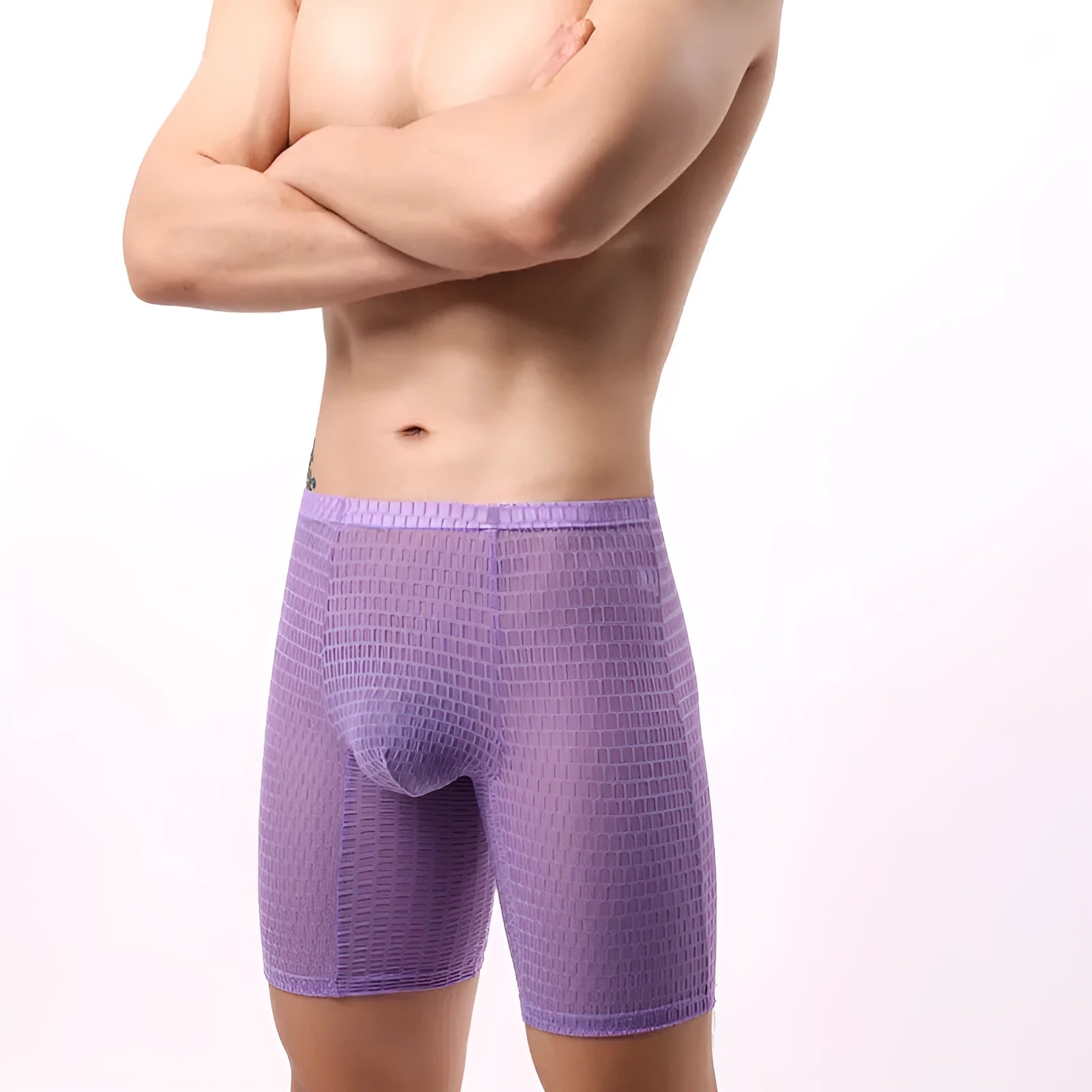 Men's lace boxer shorts in light purple colour showing mid-waist and knitted fabric detail