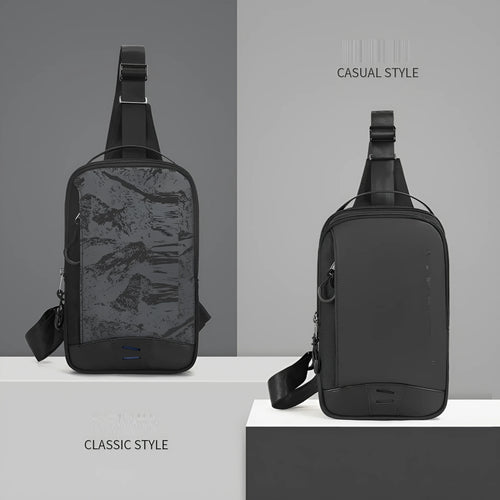 Casual black waterproof TPU chest bag with a single strap and soft handle.