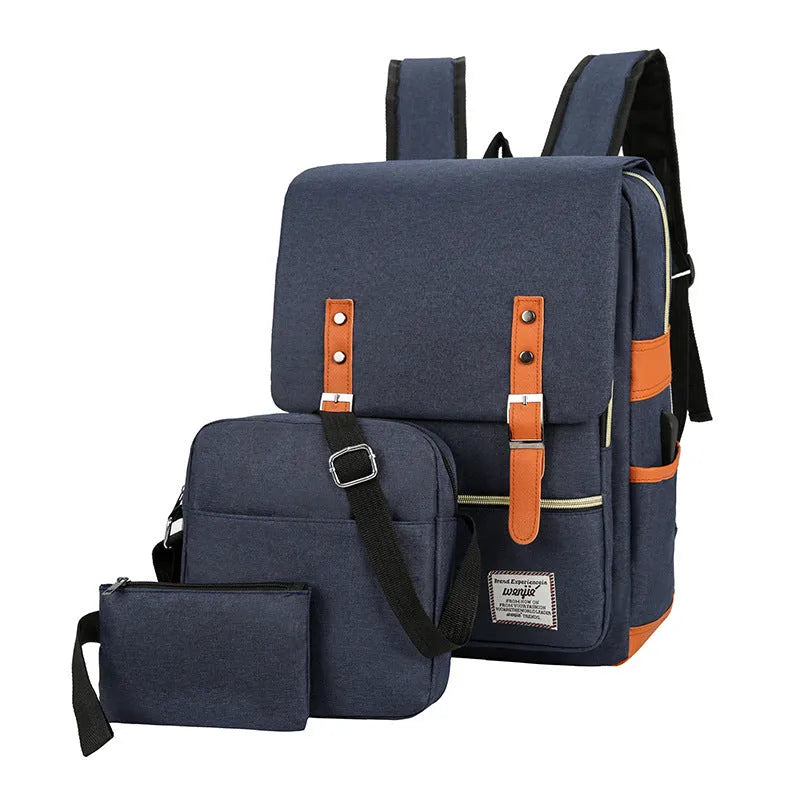 Three-piece business backpack in wine red with curved shoulder straps and multiple compartments