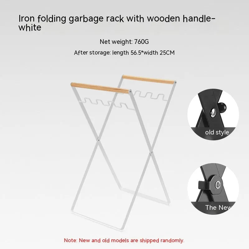 Black folding wrought iron rubbish storage hanger with wooden handle for outdoor use