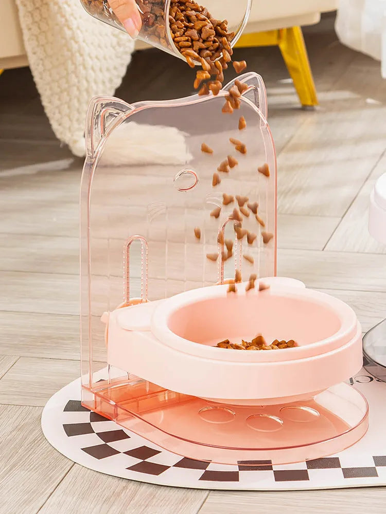 Grey cat feeding bowl with cat ear anti-spill design and removable hanging cage