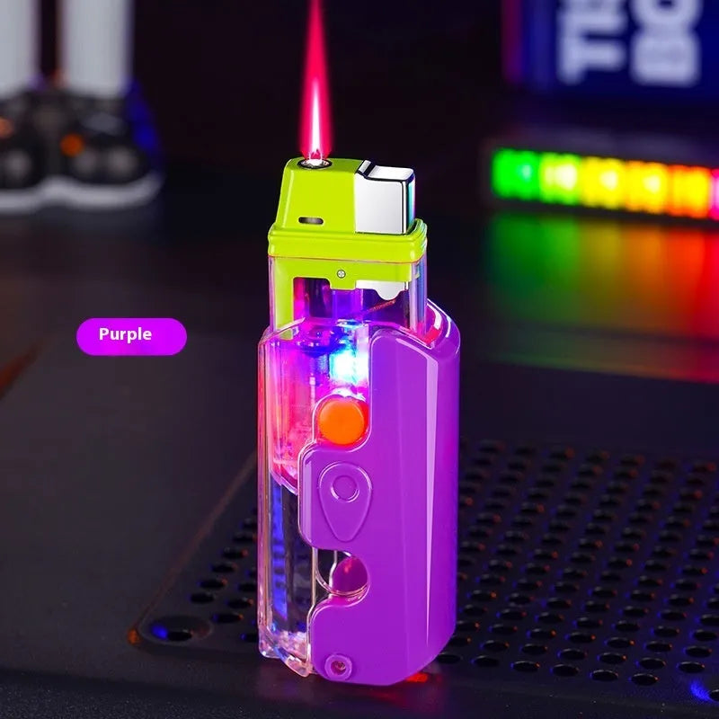 Orange, purple, and green plastic radish-shaped wind-resistant lighters on a white background.