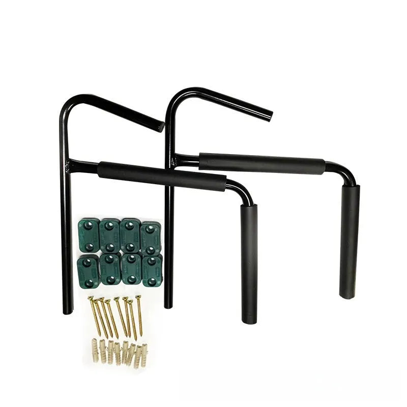 Carbon steel kayak and surfboard wall hanger rack mounted on a wall.