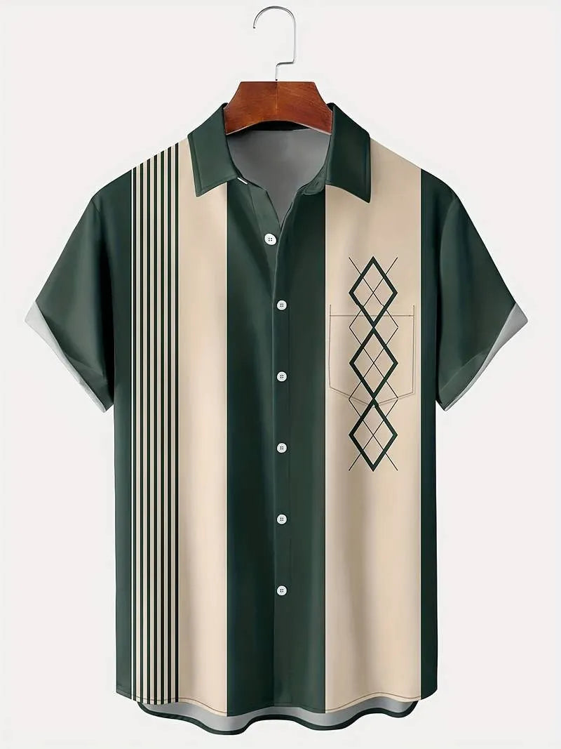 Men's loose fit plaid short-sleeve shirt with cardigan lapel in stretch polyester fabric