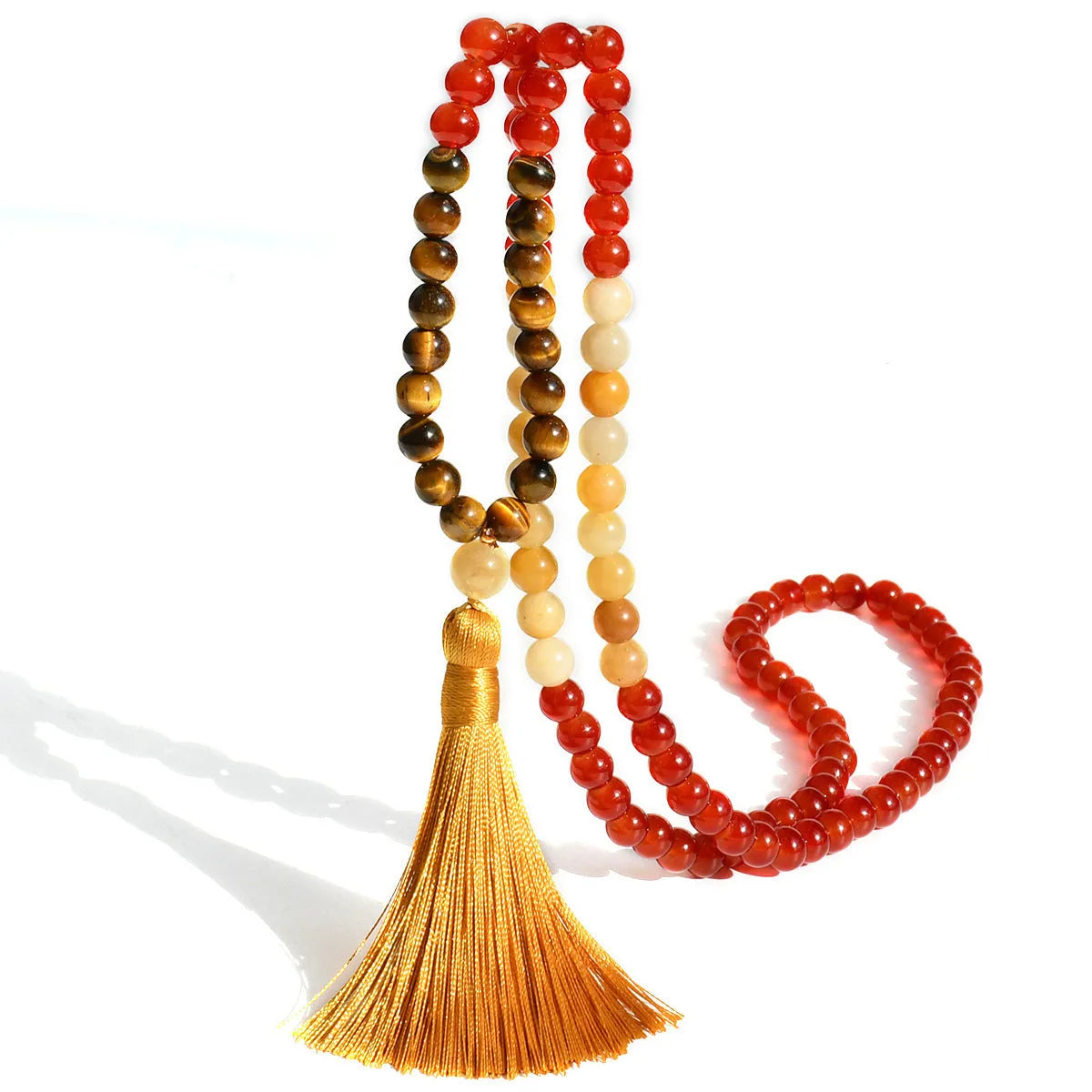 81cm long bohemian necklace with geometric gemstone pendant and 108 natural stone tassels.
