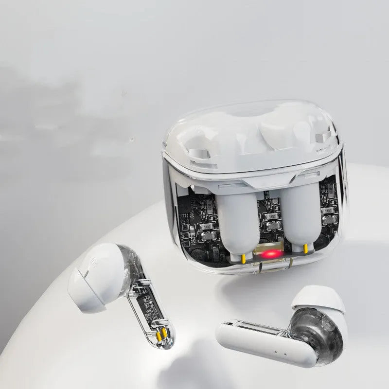 Transparent wireless Bluetooth earbud with breathing light available in black white and purple