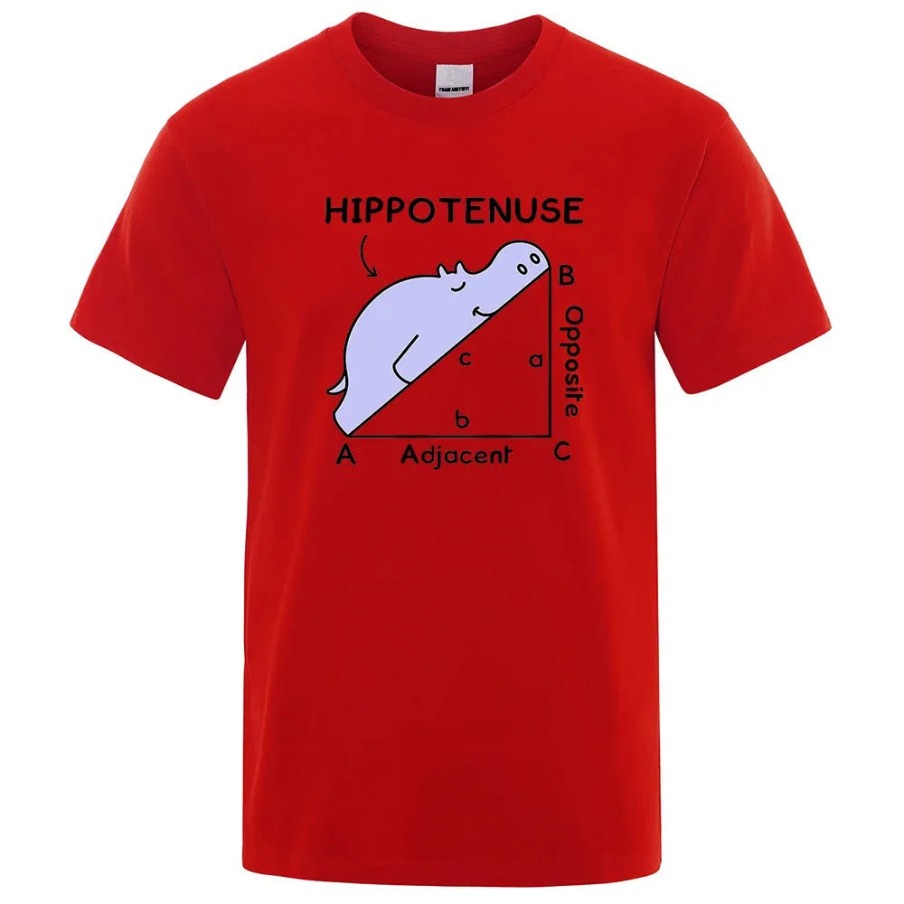 Mathematics humour printed cotton T-shirt showing Hippotenuse Opposite Adjacent design in loose fit with regular sleeves