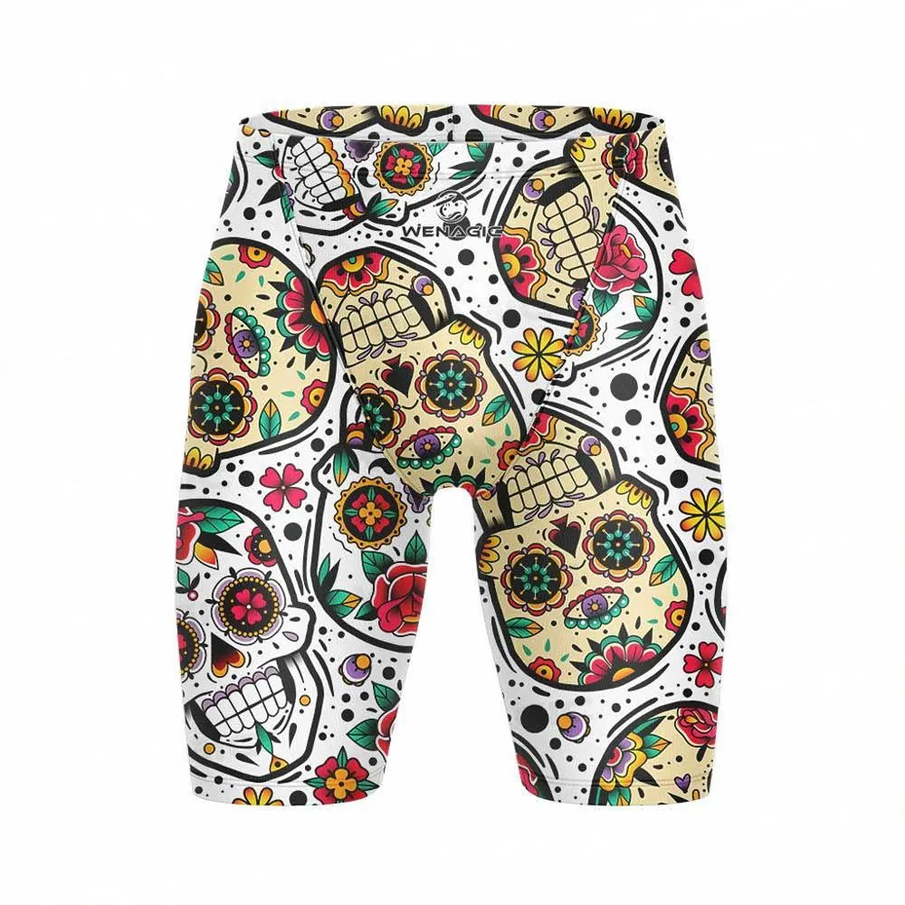 Men's swimming pants in briefs style with polyester and Lycra fabric, shown in multiple colour options