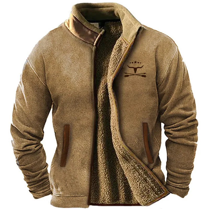 Man wearing a light brown polyester fleece padded coat, regular fit