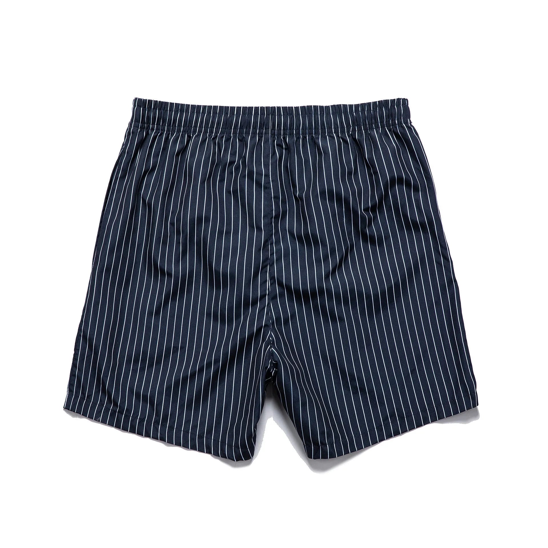 Polyester fibre beach shorts with digital printed striped triangle lining in straight leg style