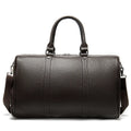 Men's black leather tote bag with a single shoulder strap, shown open to display large capacity.