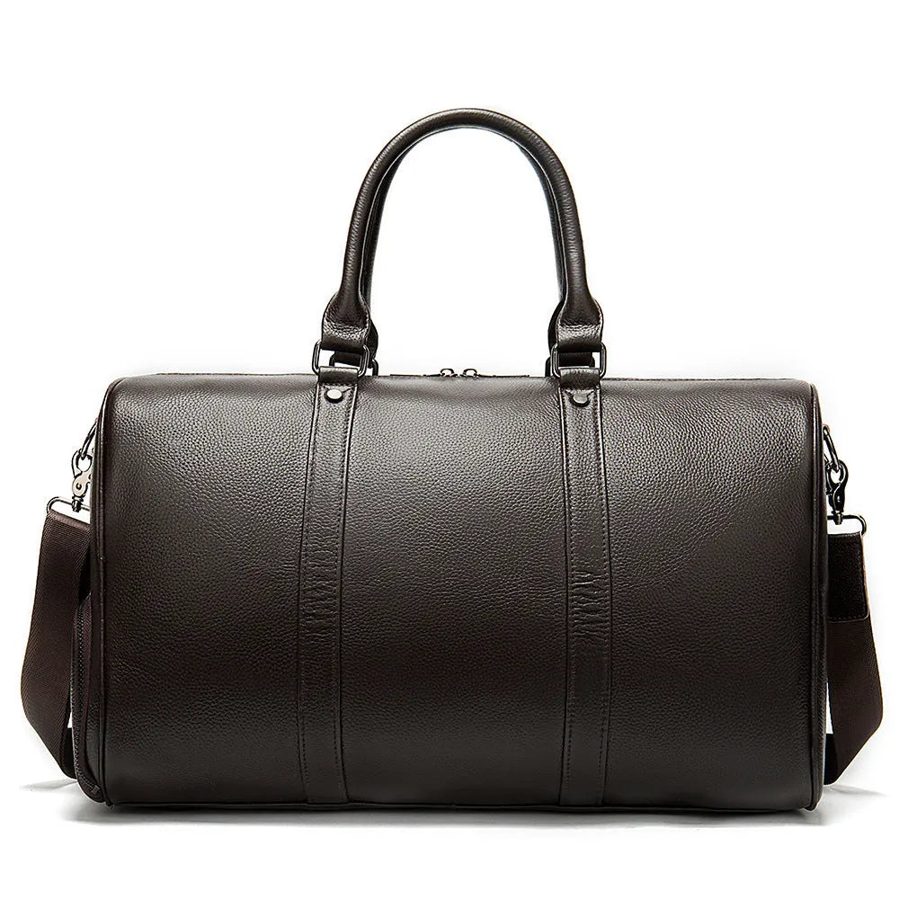 Men's black leather tote bag with a single shoulder strap, shown open to display large capacity.