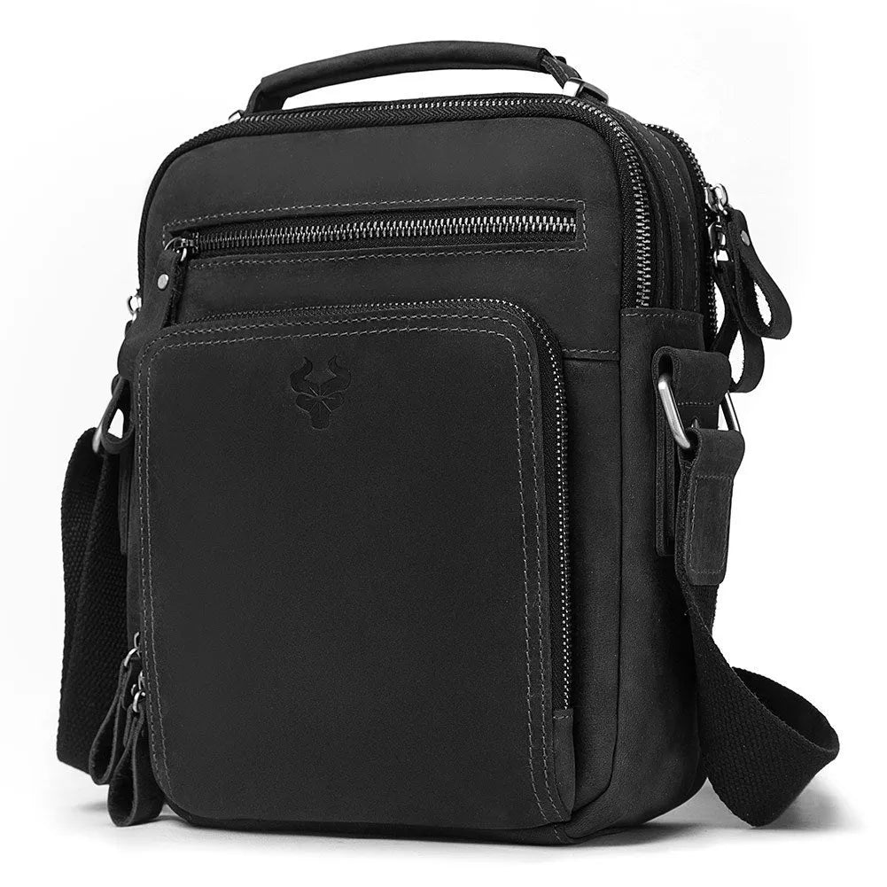 Men's brown genuine leather crossbody bag with retro style and visible stitching