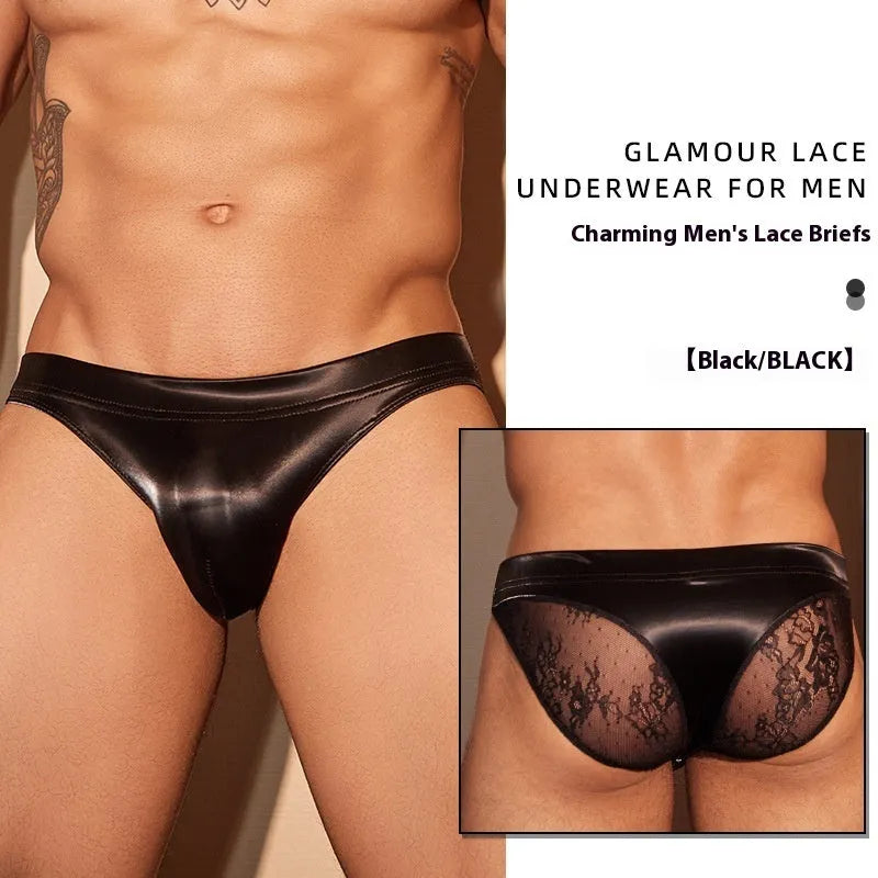 Black and white men's hip-cut briefs made from shark skin lace polyester fabric.