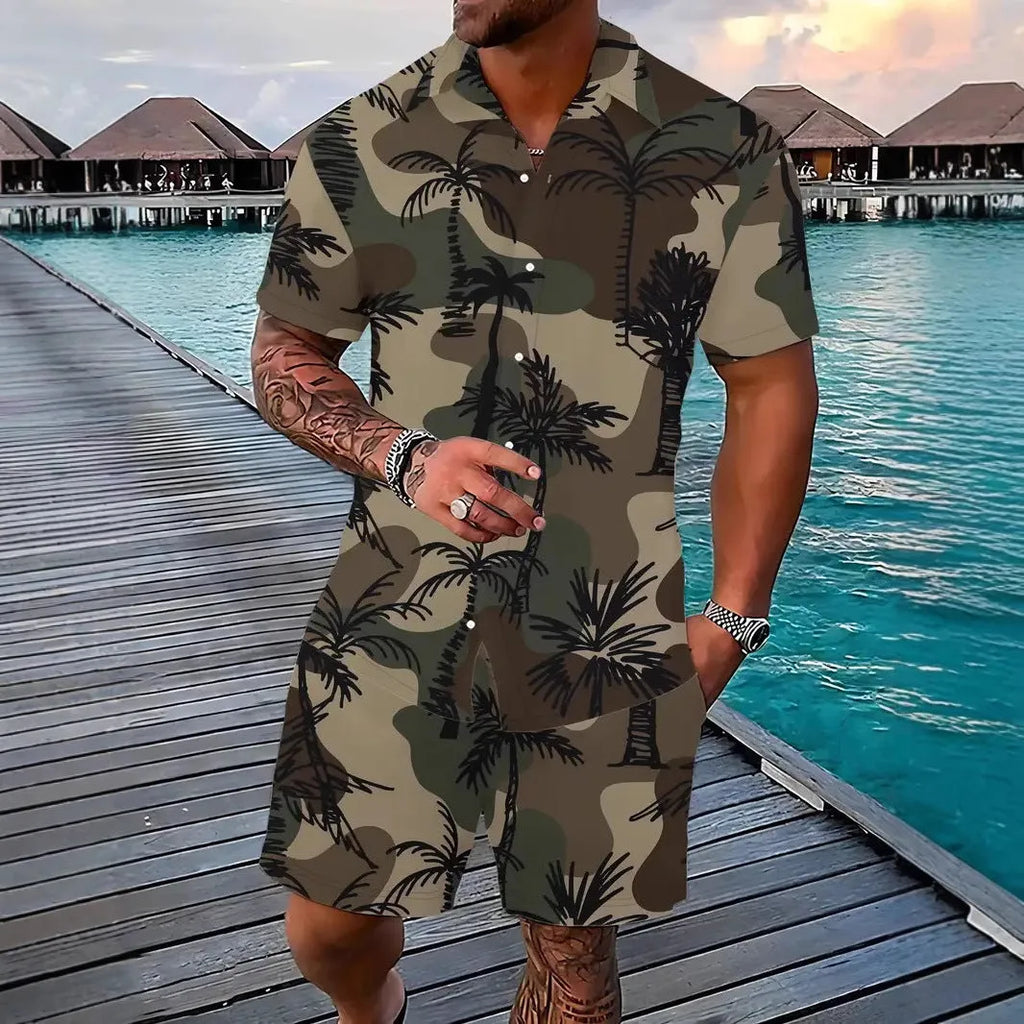 Men's Hawaiian patterned short sleeve suit with 3D print design and matching shorts