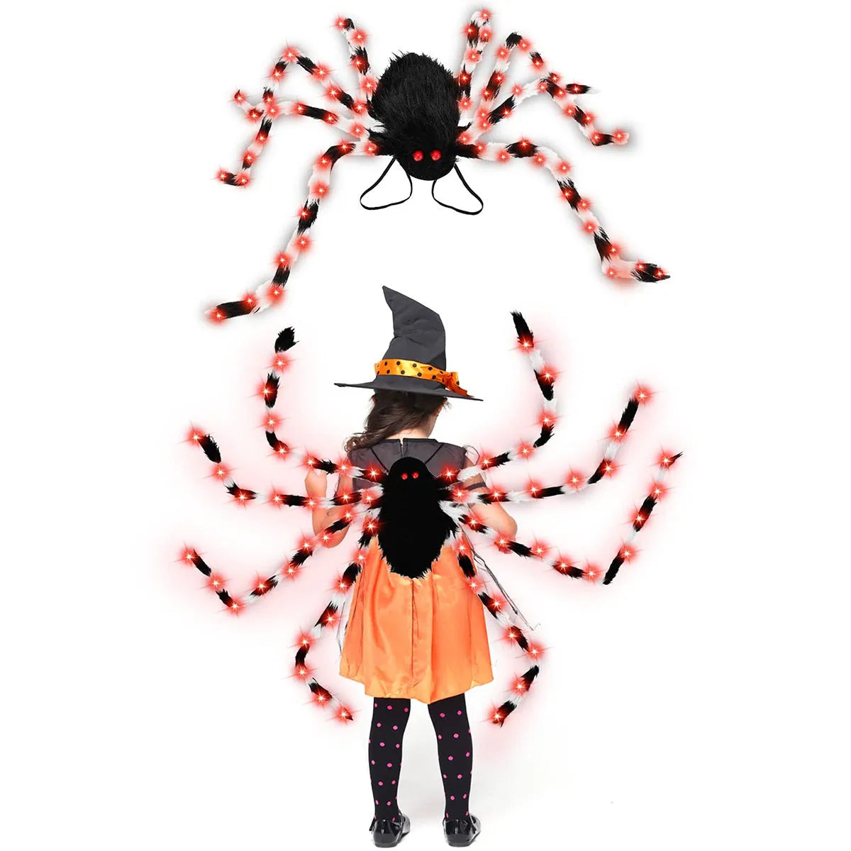 Plush Halloween Spider Backpack with purple LED lights, shown in one of five colour options.
