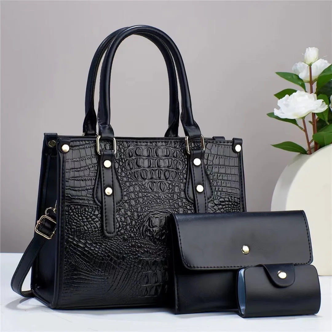 Three-piece contrast colour crossbody bag set with wallet and card bag in bucket-shaped design