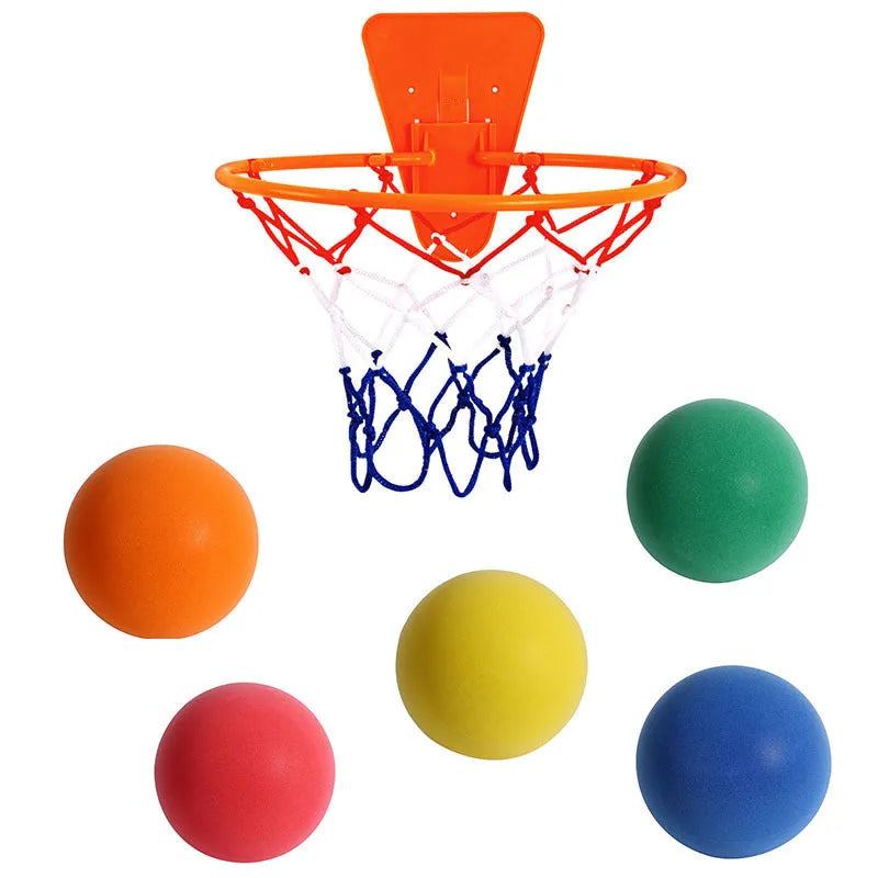 Assorted bright coloured silent high-density PU foam basketballs for indoor children's sports play.