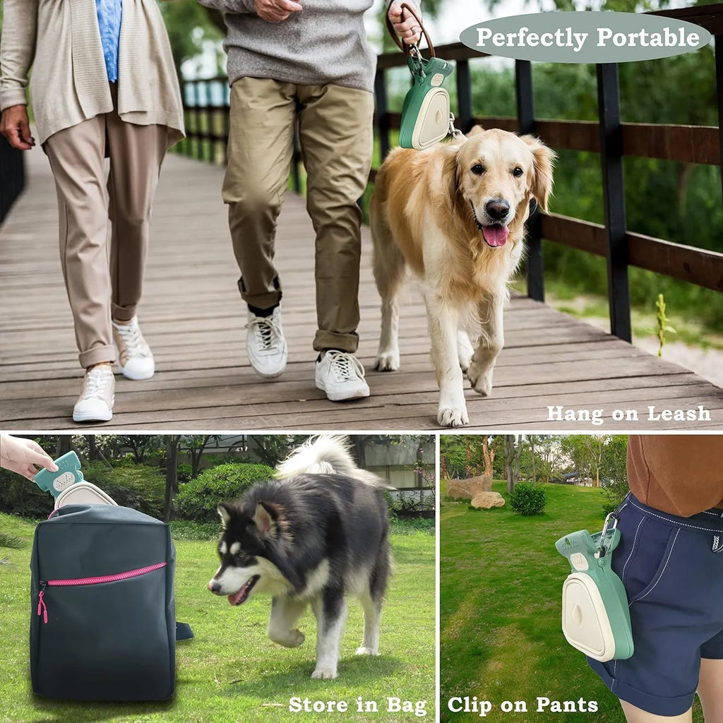 Portable handheld dog poop scooper with expandable container and bag dispenser in blue, green, grey, or yellow.