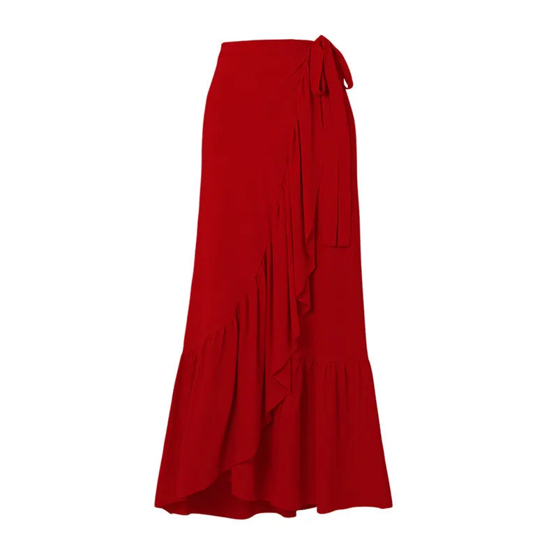 Red women's V-neck one-piece swimsuit with detachable skirt and open back design