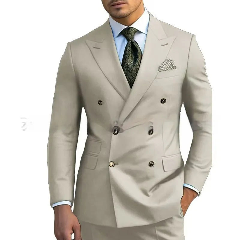 Men's light business style two-piece suit in chemical fibre and cotton blend fabric