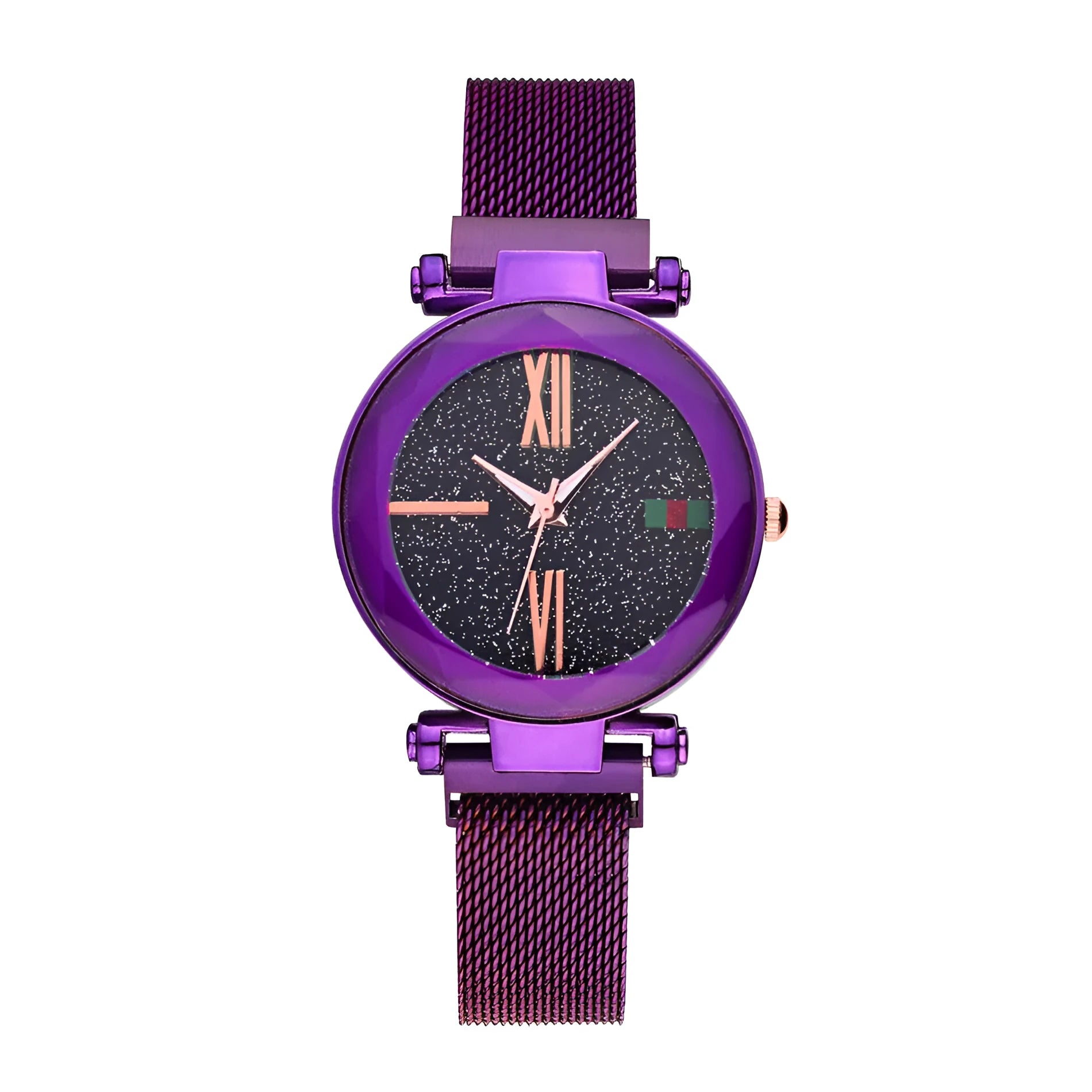 Women's magnetic clasp watch with round dial on stainless steel strap in six colour options.
