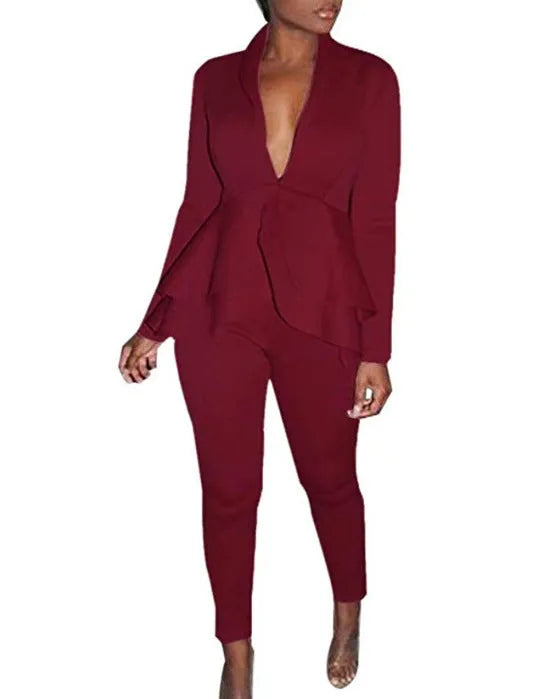 Ruffled air layer business shirt and pencil pants uniform set in multiple colour options