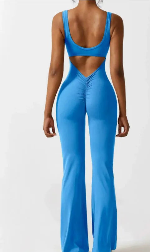Women's tight seamless yoga bodysuit with hollow-out design and chest padding in black colour