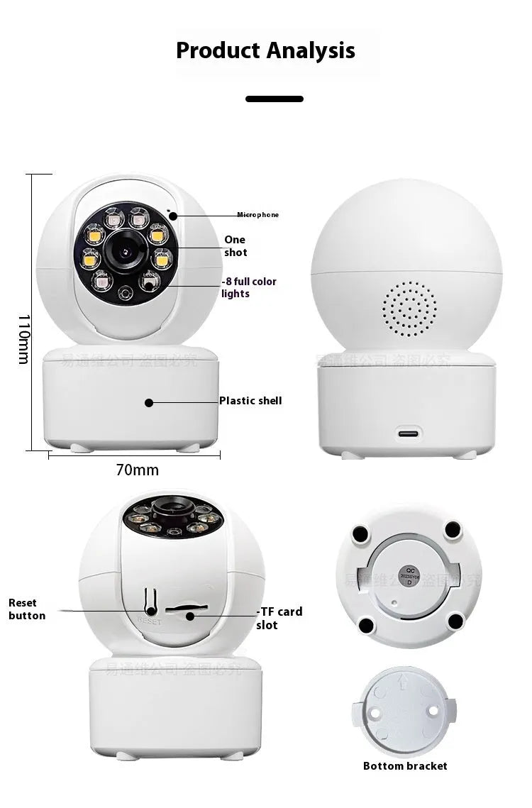 Ceiling-mounted indoor security camera with dual lights, shown in a white ABS plastic housing.