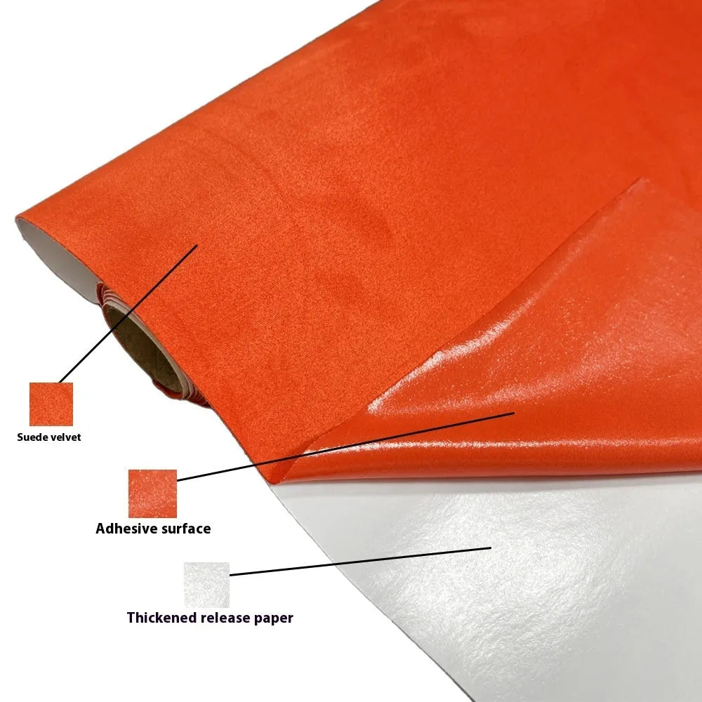 A sheet of self-adhesive black leather suede material with a ruler showing its 0.5mm thickness.