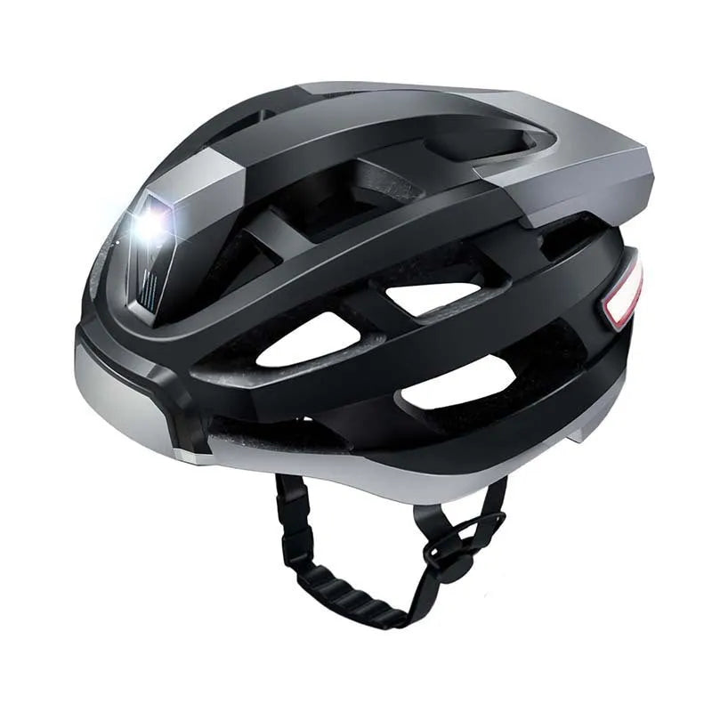 Black and grey smart cycling helmet with integrated Bluetooth safety warning lights on the rear.