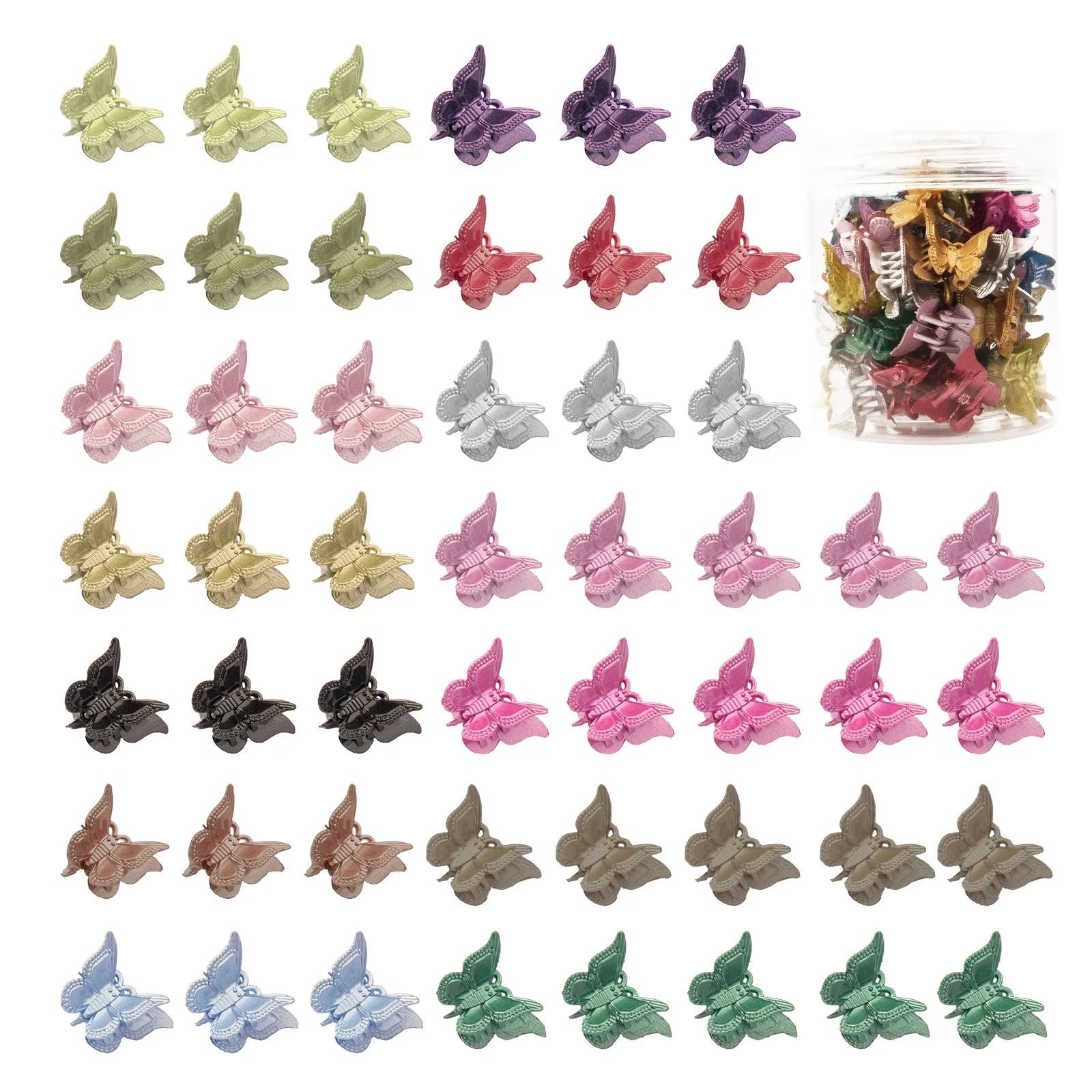 Assorted glitter butterfly hair claw clips showing multiple colours from 50-piece set with compact dimensions