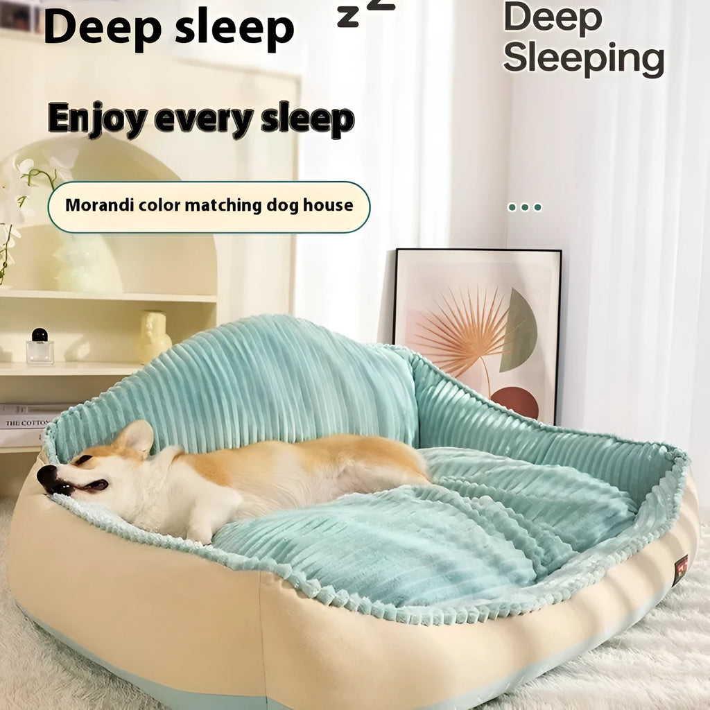 Morandi coloured removable cover pet bed for dogs and cats, shown in medium and large size options.