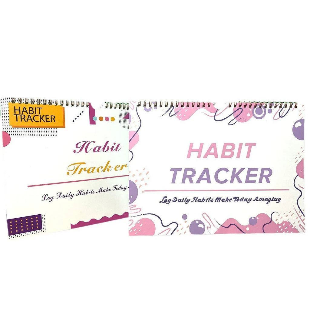 English habit tracking notebook with 12 pages in A4 21cm by 28cm format showing colour options