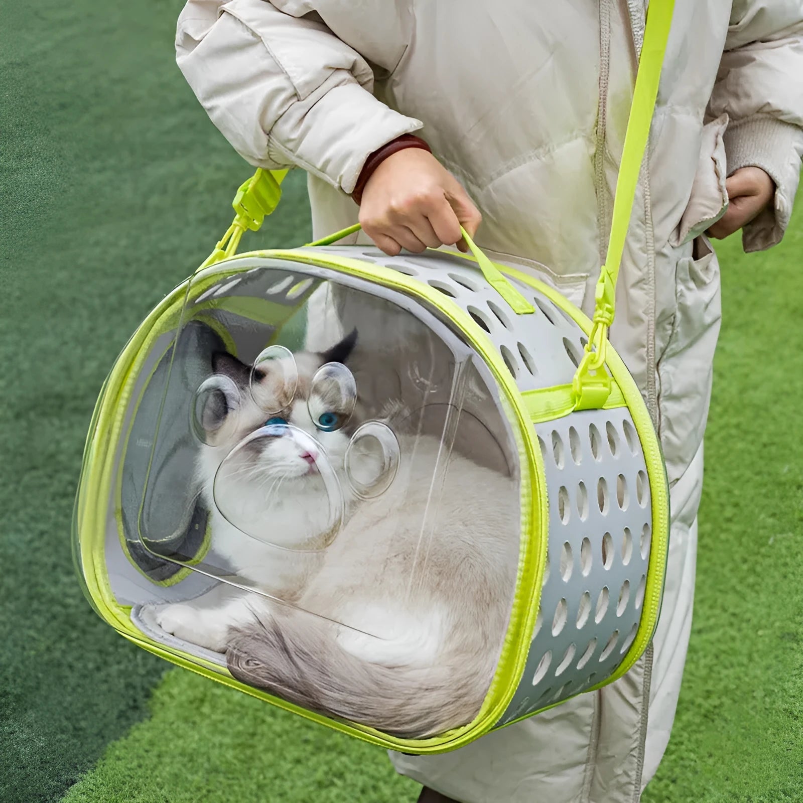 Transparent hard-sided cat carrier backpack in lake blue colour showing interior space and backpack straps