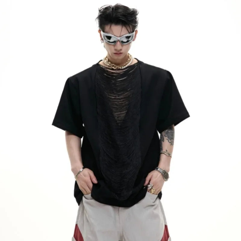 Men's drum black V-neck t-shirt with hollow out design and loose fit