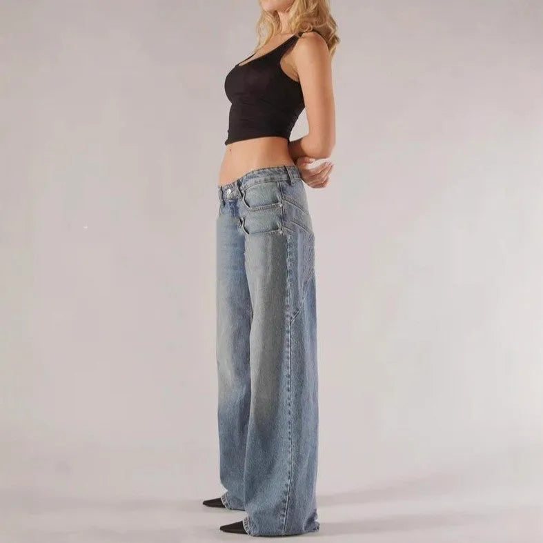 Women's loose straight wide leg cotton trousers in blue colour showing low-waist design and splicing detail