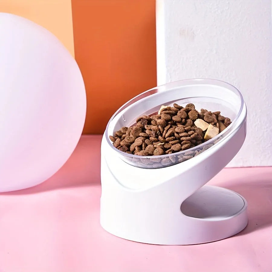Clear plastic elevated cat food bowl with tilted design for anti-vomit feeding