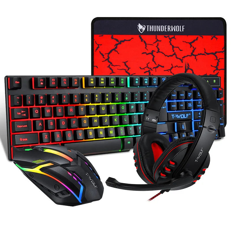 Wired USB keyboard and mouse bundle with gaming headset and mouse pad on desktop