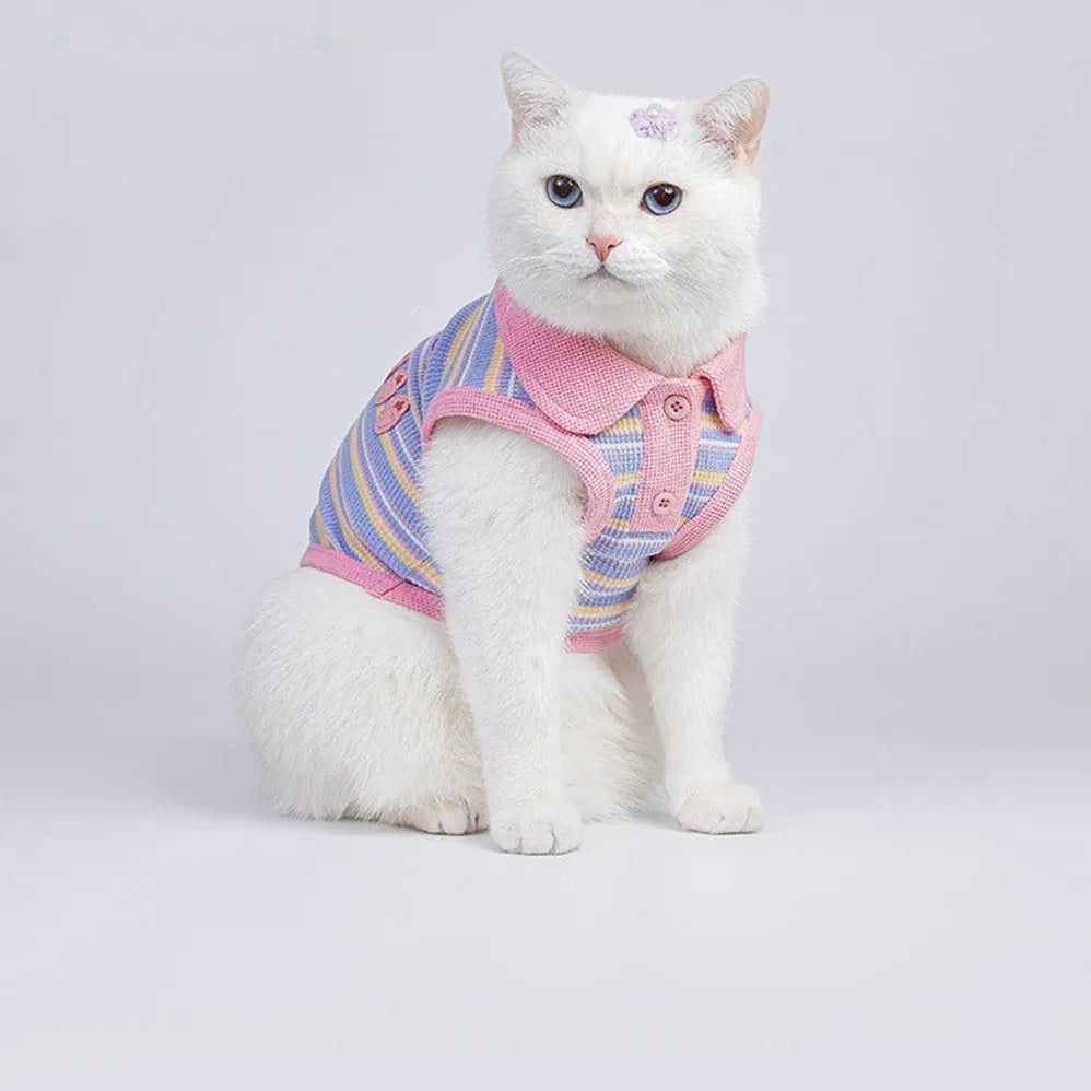 Pink purple knitted vest for a small dog on a mannequin, showing lightweight fabric and simple vest design.